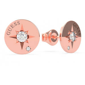 Guess Wanderlust Rose Gold Stainless Steel Round Stud Earrings With Diamante - UBE20019