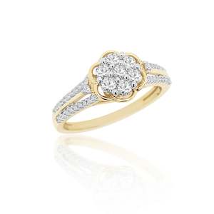 10ct Yellow Gold Diamond Cluster Ring with Shoulder Diamonds 0.50ct TW of Diamonds