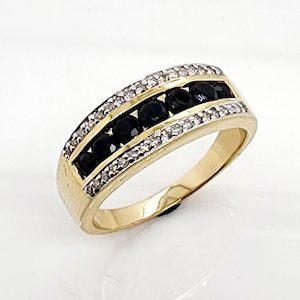 3 Row Ring with Black Sapphire & 0.17 Carat Diamond in 9ct Yellow Gold