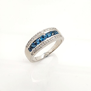 3 Row Ring with Blue Topaz & 0.17 Carat Diamond in 9ct White Gold