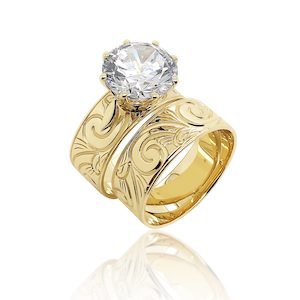 9ct Gold 2 Piece Hawaiian Design Ring Set With Cubic Zirconia