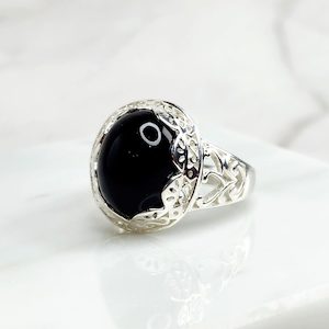 Sterling Silver Filigree Design Ring with Oval Black ONYX