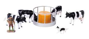 Toy: Britains 43137A1 Cattle Feeder Set – 4 cows, Bale & Feeder, Farmer & Dog