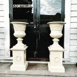 Cast Iron Urns on Plinths (White)