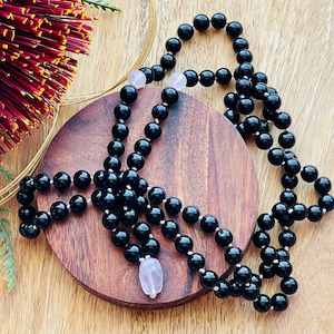 Black Agate and Rose Quartz Knotted Japa Mala Strength Within