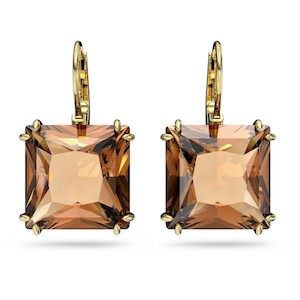 Millenia Drop Earrings, Square Cut, Brown, Gold-tone Plated