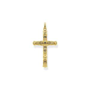 Sterling Silver Yellow Gold Plated Rebel Art Deco Black Cz Cross Pendant