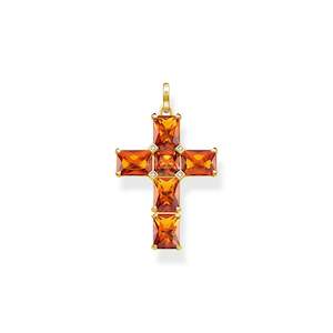 Sterling Silver Yellow Gold Plated Magic Stones Cognac Small Cross Pendant