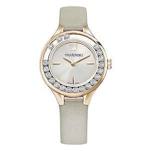 LOVELY CRYSTALS MINI WATCH, LEATHER STRAP, GREY, ROSE-GOLD TONE PVD