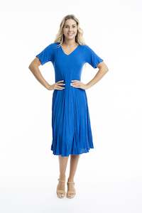 Orientique | Essentials Rayon Dobby Short Sleeve Godet Dress - Electric Blue