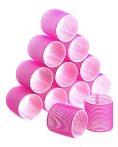 Brushes: Jumbo Hot Pink Velcro Hair Rollers In Satin Bag | Set Of x12 • 60mm