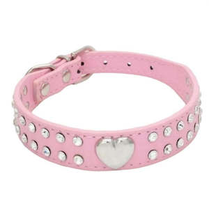 Pink Small Heart & Rhinestone Dog Collar - S