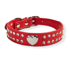 Red Small Heart & Rhinestone Dog Collar - M