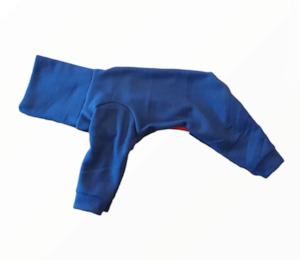 Dog Pjs: STYLECOM.NZ • DESIGNER DOG PJS • DUSKY BLUE + RED TRIM • SIZE L