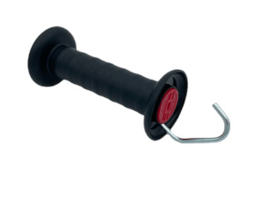 Black Electric Fence Gate Handle with built in spring limiter and hook Styx Solutions