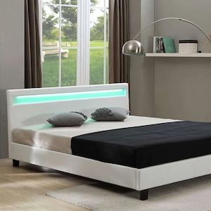 Hobson PU Leather Bed Frame RGB LED Lighting White Double