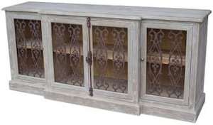 Furniture: 4 Door Buffet W/ Metal Filigree Old Pine/grey Wash