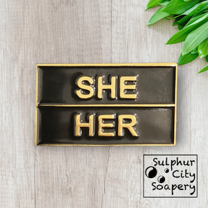 She / Her Pronoun Pin - in black and gold