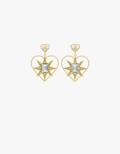 Shining Heart Earrings - Gold Plate/White Zircon/Green Amethyst