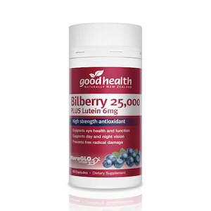 Health supplement: Good Health Bilberry 25,000mg + Lutein 6mg 60 Capsules