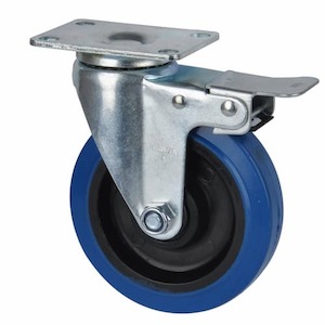 Economy Castors: Swivel Plate Brake Castor | 125mm Blue Rubber Wheel - 125KG Rated