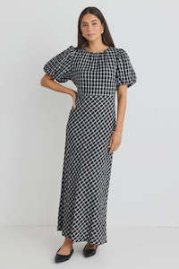 Astrid Black Check Puff Sleeve Bias Maxi Dress