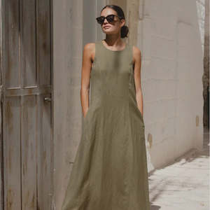 Easygoing Linen Blend Sleeveless Crew Neck Midi Dress - Soft Khaki