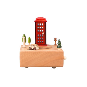 Wooden Music Box with Moving Magnetic Car -Telephone Booth