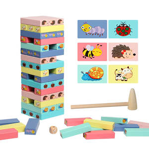 Wooden Tumbling Tower with Dice & Hammer - Wooden Digital | Multicoloured Animal