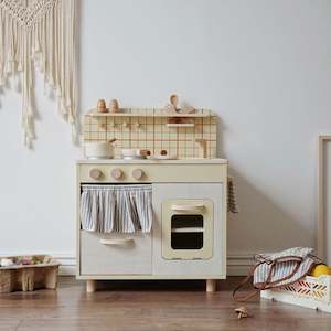 Internet only: Complete Retro Wooden Kitchen Playset with Checked Tea Towel (3+ Years) *Pre-Order