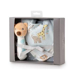 The Little Linen Co. Rattle & Bib Set - Safari Bear (Gift Set)