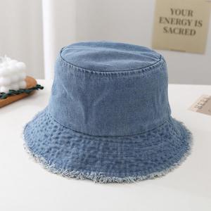 Raw Edge Denim Women Bucket Hat - Black | Denim Blue