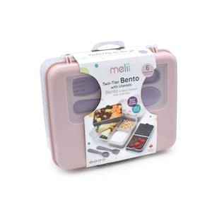 Melii 2 Tier Bento Box - Pink & Grey (Utensils Included)