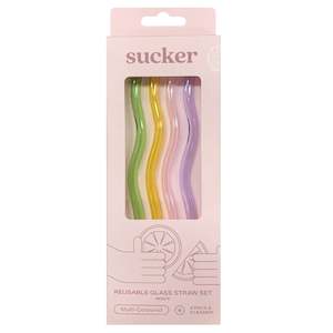 Sucker Reusable Glass Drinking Straw Set - Wavy Multi-Coloured