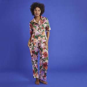 Kip & Co Satin Short Sleeve Shirt & Pant Pyjama Set - Rose Garden