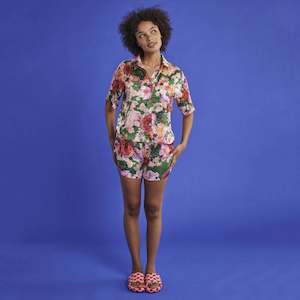 Kip & Co Satin Short Sleeve Shirt & Short Pyjama Set - Rose Garden