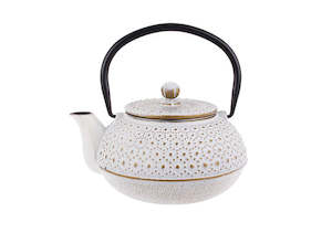 Beaded White/Gold Cast Iron Teapot