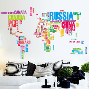 World map color letters wall stickers