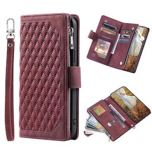 Zipper Wallet Mobile Phone Case for Apple  iPhone 12 Mini with Wrist Strap - Wine