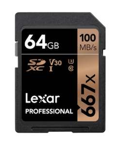 Lexar 64GB SDXC, Class 10, UHS-I  (U3), V30, up to 100MB/s read / 90MB/s write, 4k