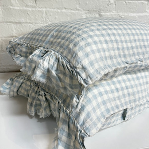 Toetoe Linen Ruffle Pillowcase Pair - Sky Gingham