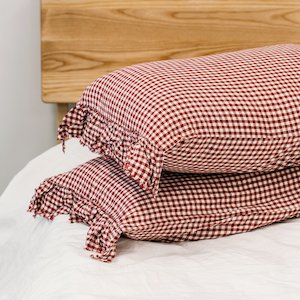 Toetoe Linen Ruffle Pillowcase Pair - Mulberry Gingham