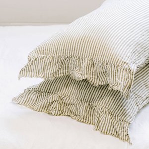 Toetoe Linen Ruffle Pillowcase Pair - Olive Stripe