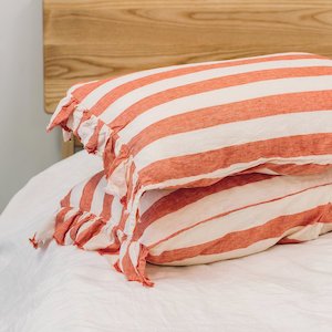 Toetoe Linen Ruffle Pillowcase Pair - Wide Rose Stripe