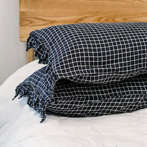 Toetoe Linen Ruffle Pillowcase Pair - Navy Grid