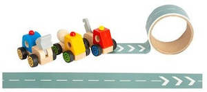 Wooden truck with adhesive road tape