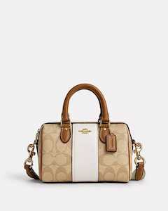 Handbag: Coach Mini Rowan Crossbody Bag In Signature Canvas With Stripe Gold/Light Khaki/Chalk Lt Saddle