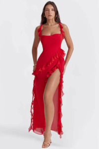 Clothing: Ariela Cherry Ruffle Maxi Dress