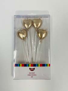 Gold Heart Candles on Picks 4pk