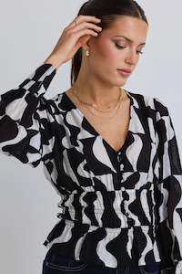 STORIES BE TOLD Fabled Black Wave Print Button Front Top